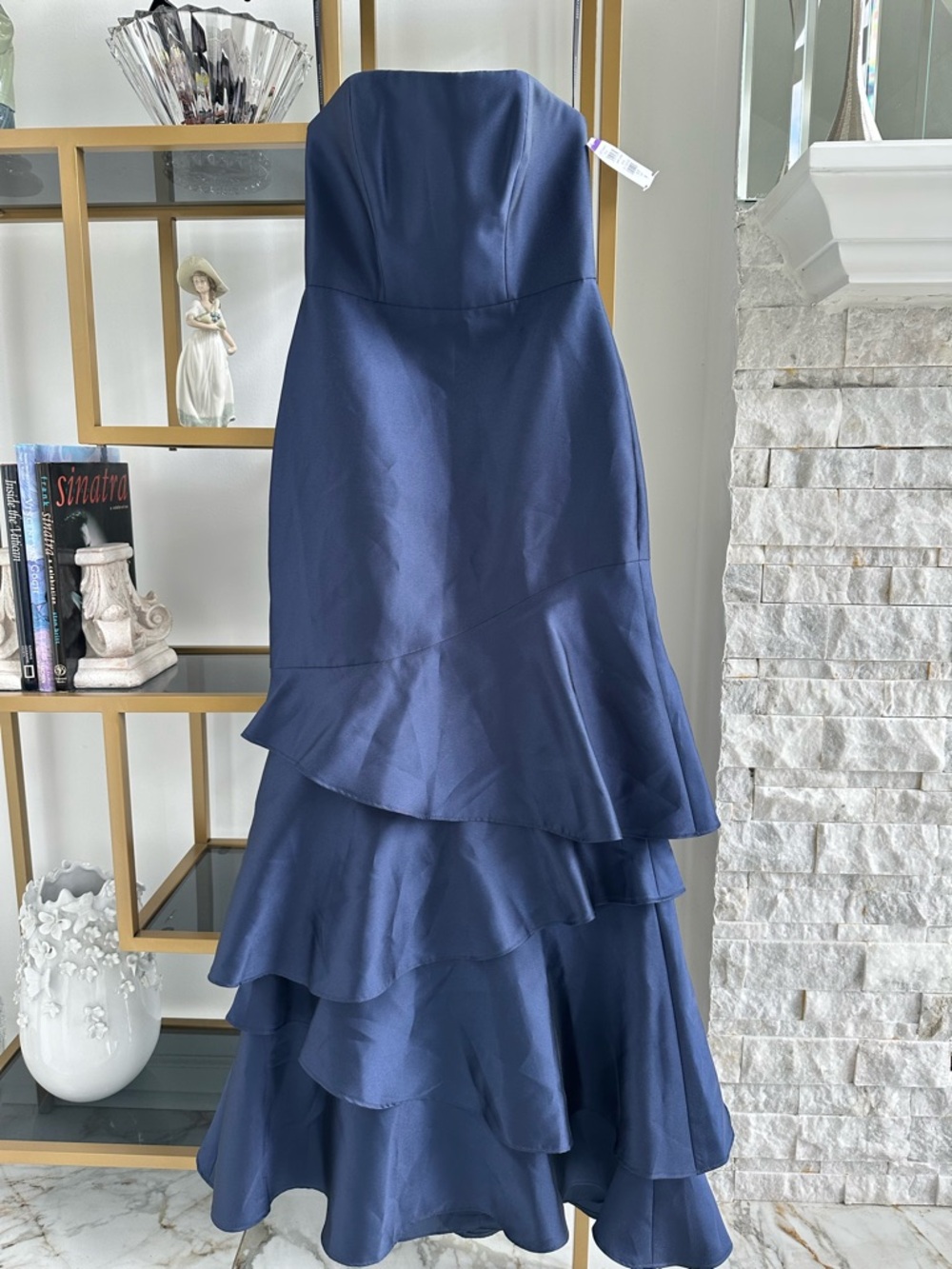 Dessy Collection Strapless Navy Tiered Ruffle Gown
